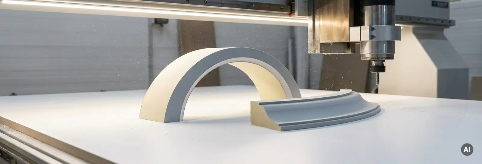 Frisch gefräste Gipskarton-Bogenform und geschwungenes Gesimsprofil auf weißem CNC-Frästisch mit feinem Gipsstaub.